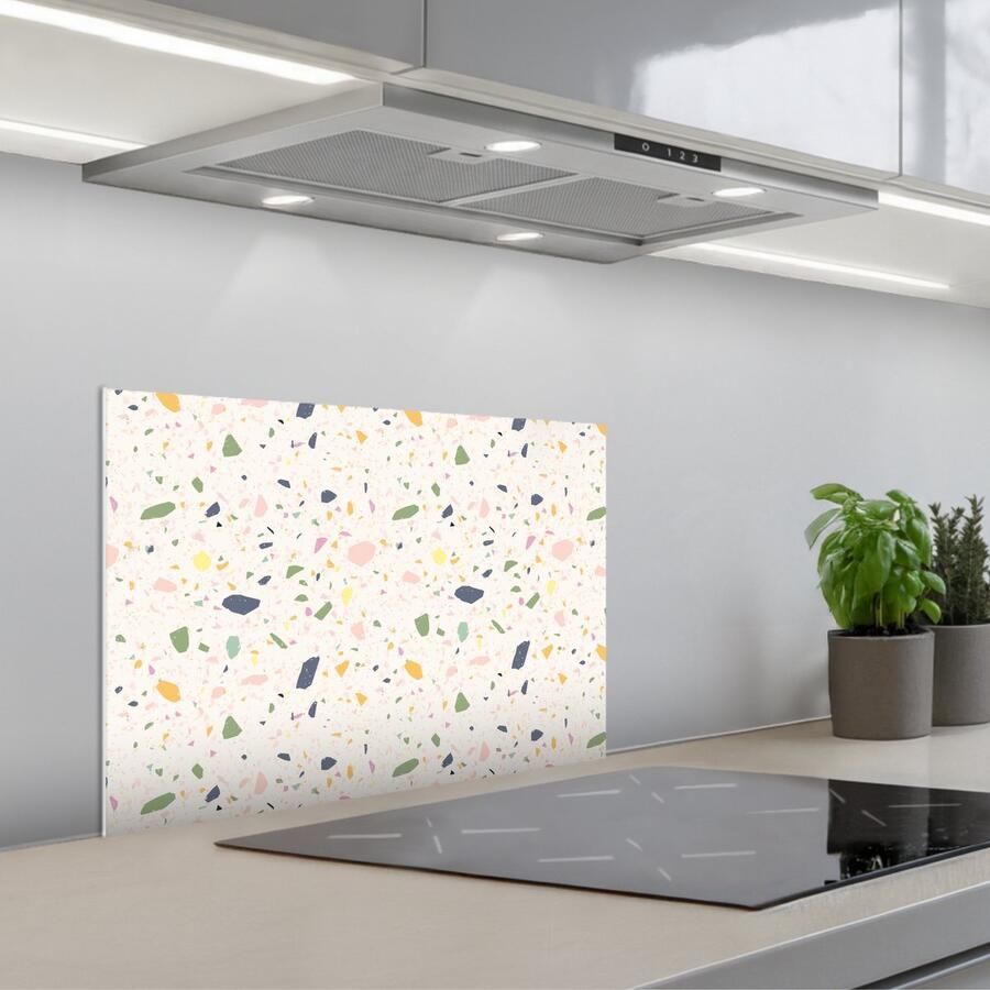 KitchenYeah Spatscherm 60x40 cm Zelfklevende achterwand Terrazzo Patroon Kleurrijk Festival Keuken muurbeschermer Spatwand fornuis