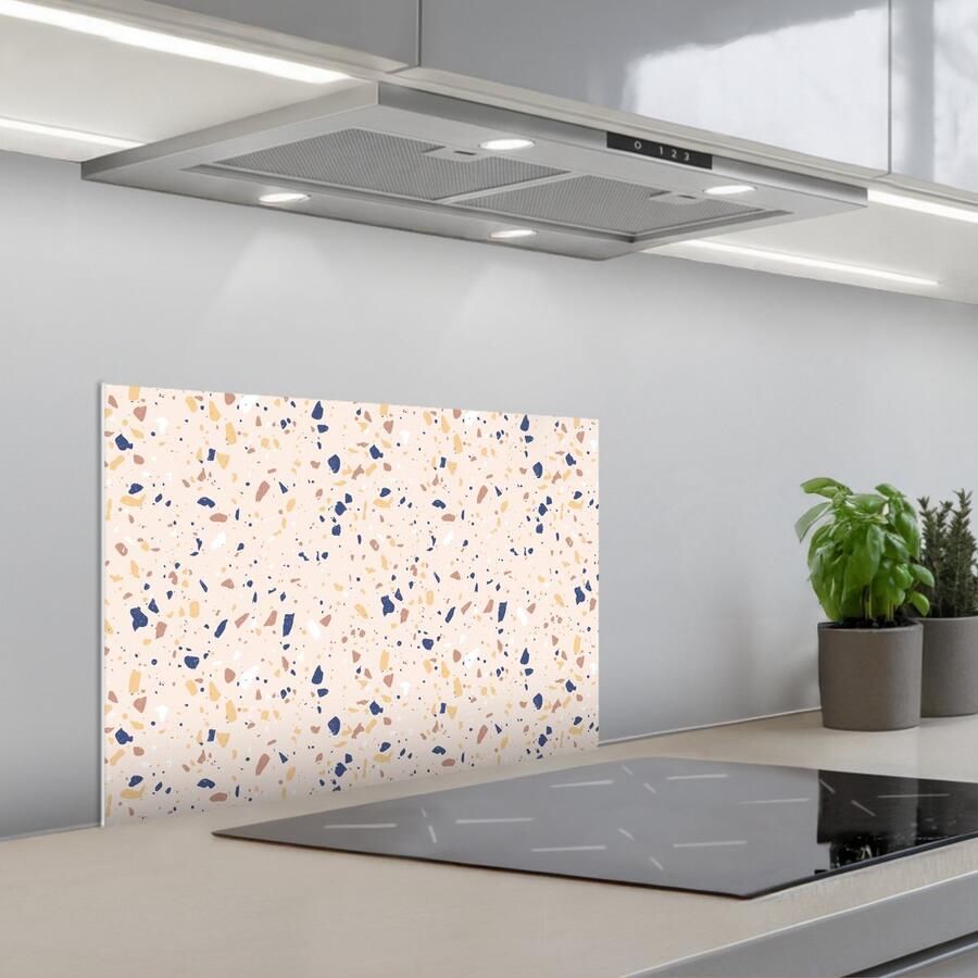 KitchenYeah Spatscherm 60x40 cm Zelfklevende achterwand Terrazzo Patroon Kleurrijk Indigo Keuken muurbeschermer Spatwand fornuis