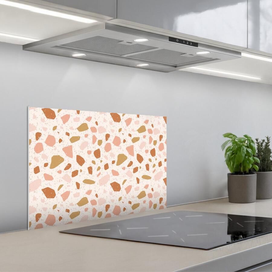 KitchenYeah Spatscherm 60x40 cm Zelfklevende achterwand Terrazzo Patroon Kleurrijk Zalm Keuken muurbeschermer Spatwand fornuis