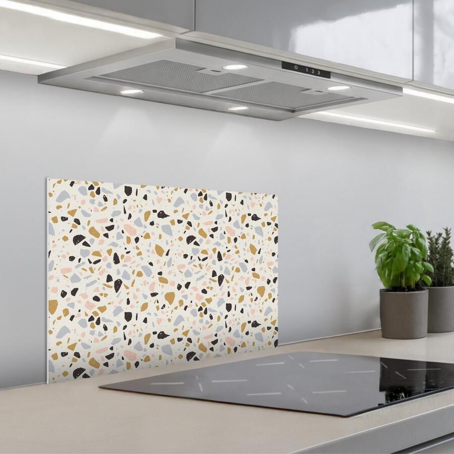 KitchenYeah Spatscherm 60x40 cm Zelfklevende achterwand Terrazzo Patroon Neutraal Zacht Multi Keuken muurbeschermer Spatwand fornuis