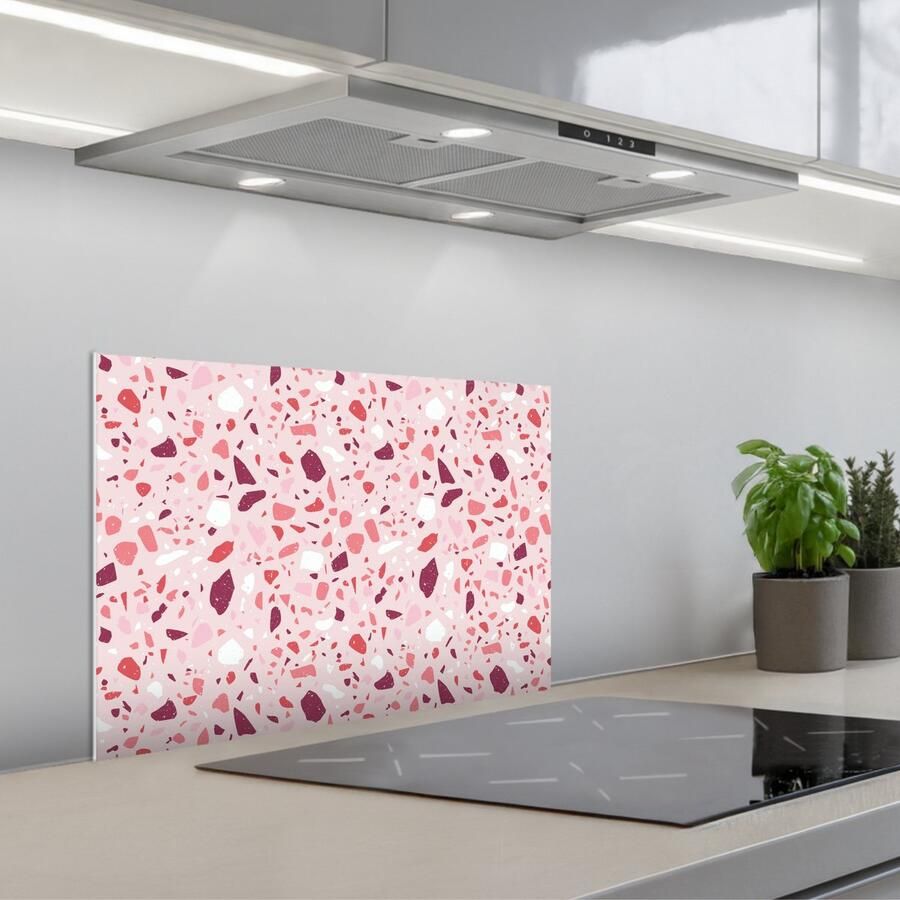 KitchenYeah Spatscherm 60x40 cm Zelfklevende achterwand Terrazzo Patroon Roze Keuken muurbeschermer Spatwand fornuis