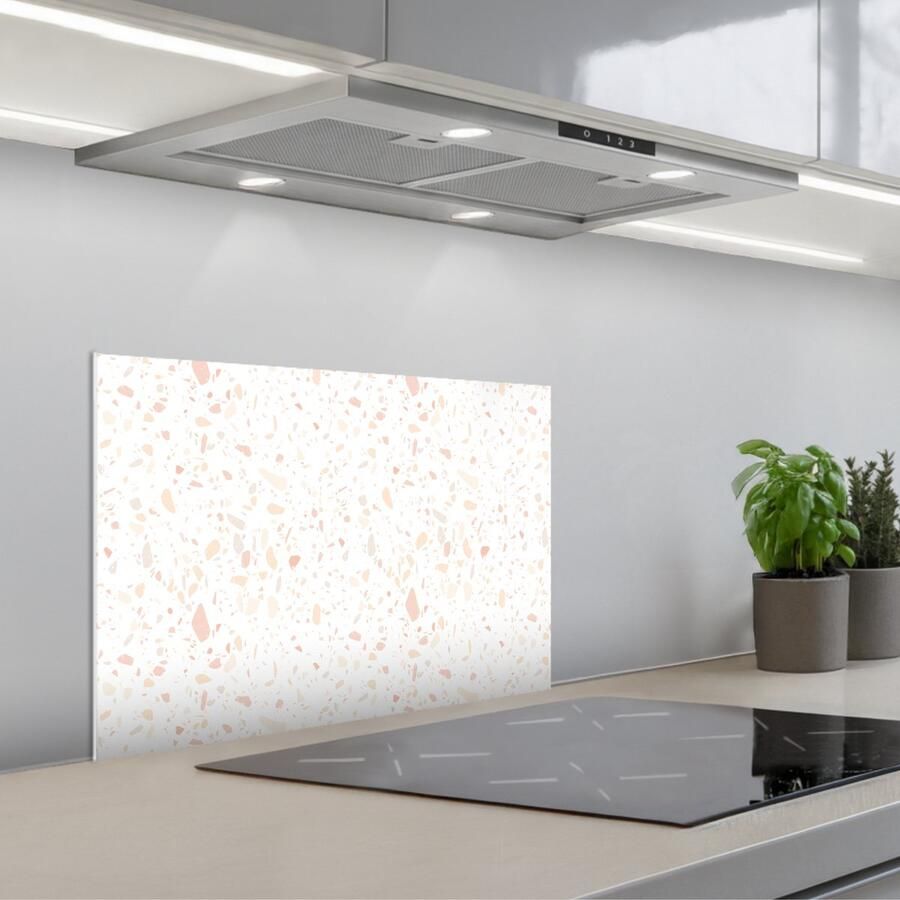 KitchenYeah Spatscherm 60x40 cm Zelfklevende achterwand Terrazzo Patroon Wit Perzik Keuken muurbeschermer Spatwand fornuis