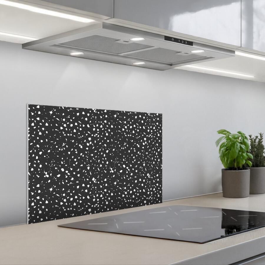 KitchenYeah Spatscherm 60x40 cm Zelfklevende achterwand Terrazzo Patroon Zwart Wit Keuken muurbeschermer Spatwand fornuis