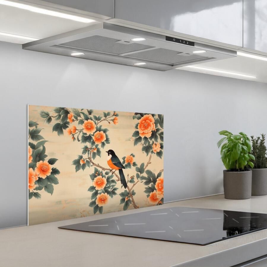 KitchenYeah Spatscherm 60x40 cm Zelfklevende achterwand Vogel Tak Bloemen Oranje Keuken muurbeschermer Spatwand fornuis - Foto 1