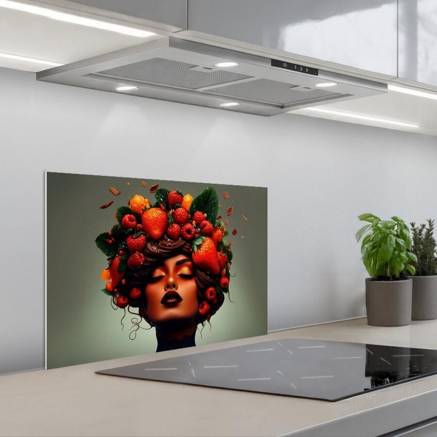 KitchenYeah Spatscherm 60x40 cm Zelfklevende achterwand Vrouw Chocolade Frambozen Aardbeien Koekjes Keuken muurbeschermer Spatwand fornuis - Foto 1