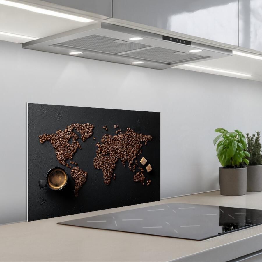 KitchenYeah Spatscherm 60x40 cm Zelfklevende achterwand Wereldkaart Espresso Zwart Keuken muurbeschermer Spatwand fornuis