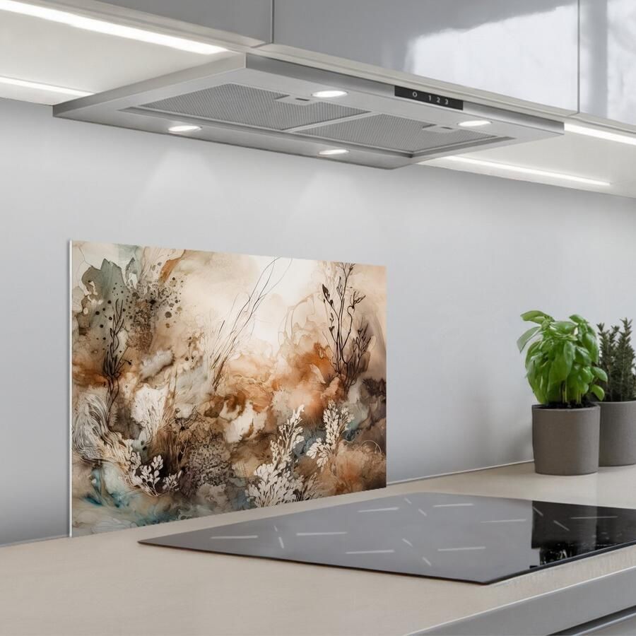 KitchenYeah Spatscherm 60x45 cm Zelfklevende achterwand Abstract Beige Verf Kunst Natuur Bloemen Keuken muurbeschermer Spatwand fornuis