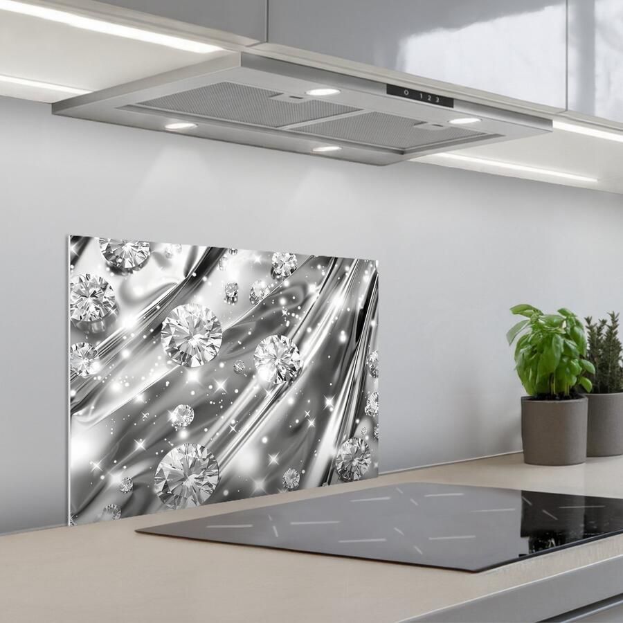 KitchenYeah Spatscherm 60x45 cm Zelfklevende achterwand Abstract Diamant Luxe Modern Zilver Keuken muurbeschermer Spatwand fornuis