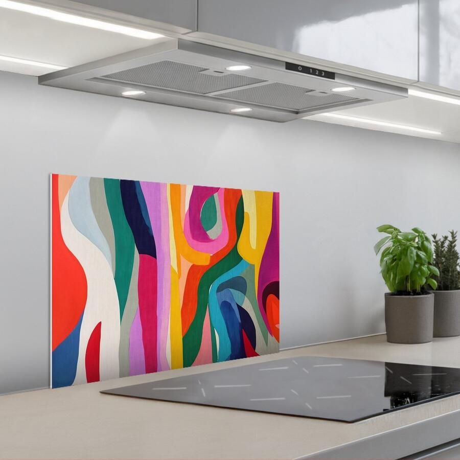 KitchenYeah Spatscherm 60x45 cm Zelfklevende achterwand Abstract Kleurrijk Golven Lijnen Keuken muurbeschermer Spatwand fornuis