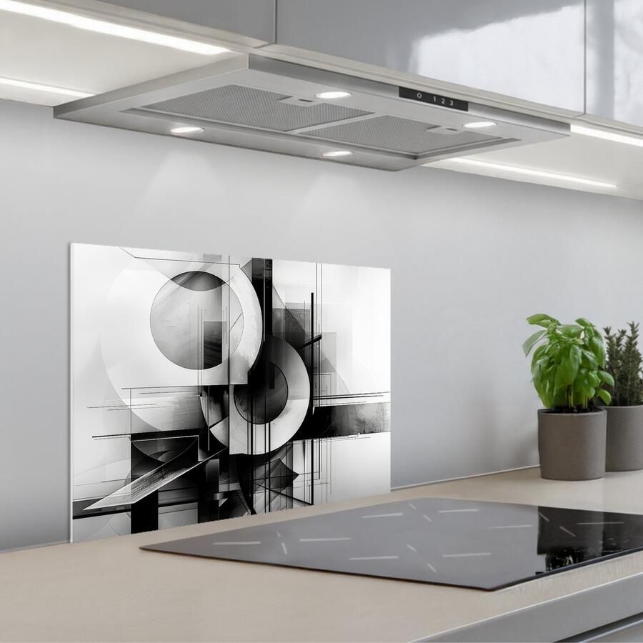 KitchenYeah Spatscherm 60x45 cm Zelfklevende achterwand Abstract Kunst Modern Zwart wit Keuken muurbeschermer Spatwand fornuis