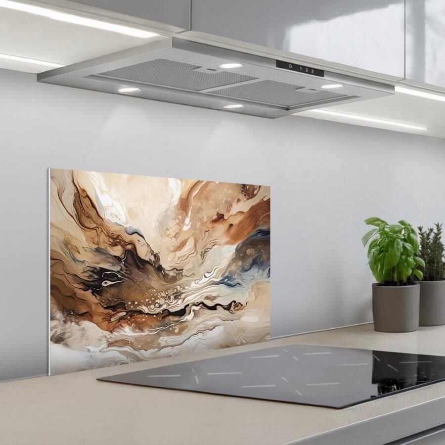 KitchenYeah Spatscherm 60x45 cm Zelfklevende achterwand Abstract Kunst Verf Beige Modern Keuken muurbeschermer Spatwand fornuis