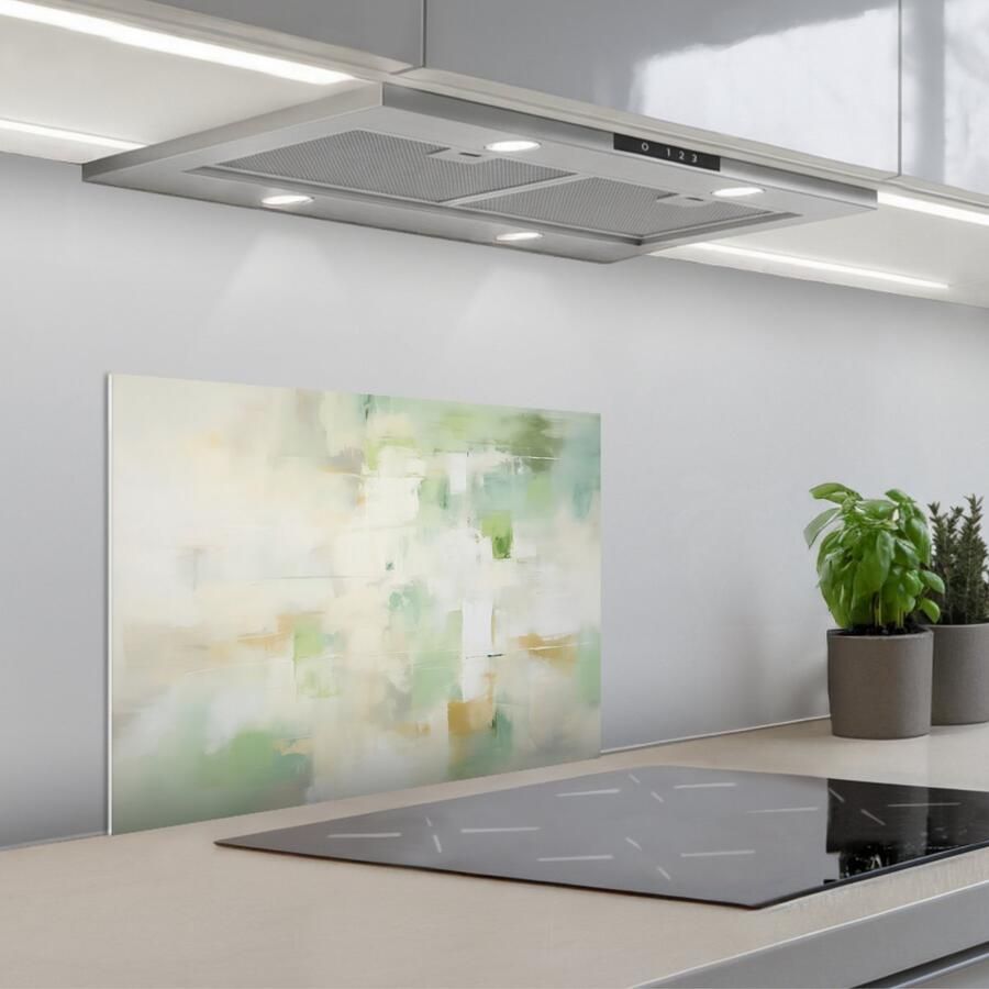 KitchenYeah Spatscherm 60x45 cm Zelfklevende achterwand Abstract Kunst Wit Groen Modern Keuken muurbeschermer Spatwand fornuis
