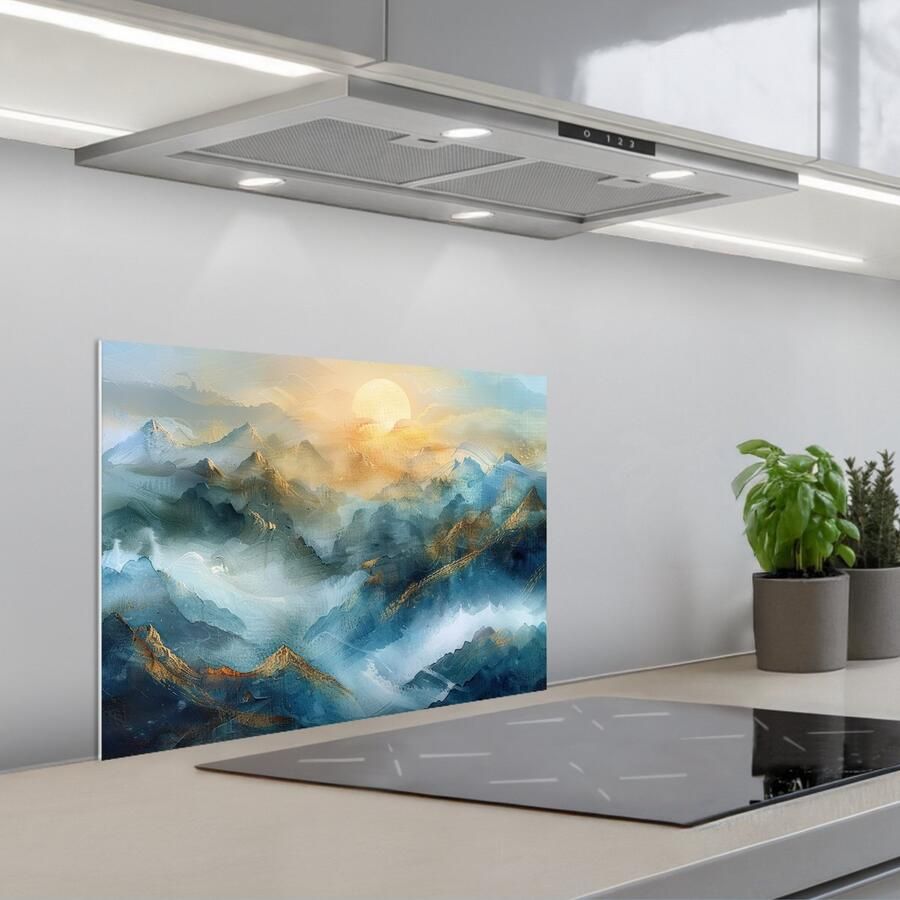 KitchenYeah Spatscherm 60x45 cm Zelfklevende achterwand Abstract Landschap Bergen Blauw Modern Keuken muurbeschermer Spatwand fornuis
