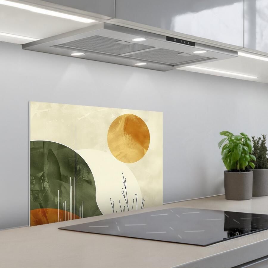 KitchenYeah Spatscherm 60x45 cm Zelfklevende achterwand Abstract Landschap Zon Kunst Keuken muurbeschermer Spatwand fornuis
