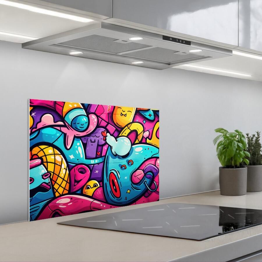 KitchenYeah Spatscherm 60x45 cm Zelfklevende achterwand Abstract Neon Design Kleurrijk Graffiti Keuken muurbeschermer Spatwand fornuis