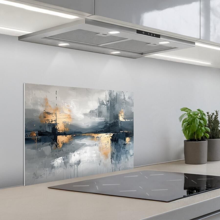 KitchenYeah Spatscherm 60x45 cm Zelfklevende achterwand Abstract Verf Kunst Goud Keuken muurbeschermer Spatwand fornuis