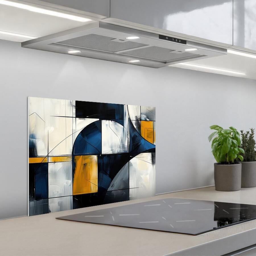 KitchenYeah Spatscherm 60x45 cm Zelfklevende achterwand Abstract Vormen Goud Blauw Geometrisch Keuken muurbeschermer Spatwand fornuis