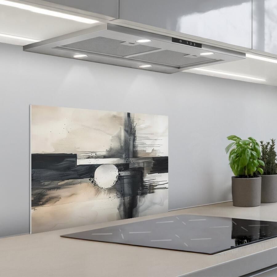KitchenYeah Spatscherm 60x45 cm Zelfklevende achterwand Abstract Zwart wit Verf Modern Keuken muurbeschermer Spatwand fornuis