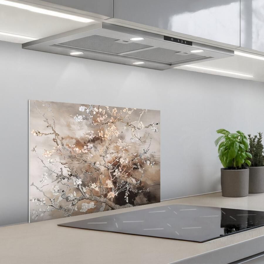 KitchenYeah Spatscherm 60x45 cm Zelfklevende achterwand Amandelbloesem Kunst Van Gogh Beige Abstract Keuken muurbeschermer Spatwand fornuis