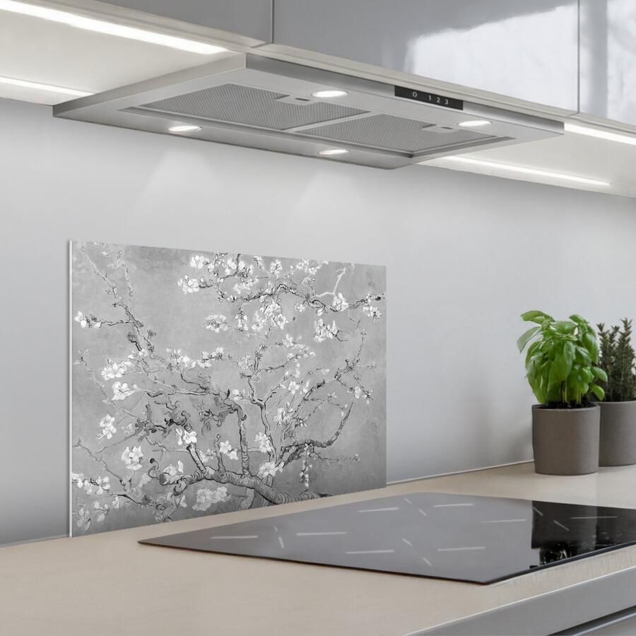 KitchenYeah Spatscherm 60x45 cm Zelfklevende achterwand Amandelbloesem Kunst Van Gogh Grijs Keuken muurbeschermer Spatwand fornuis