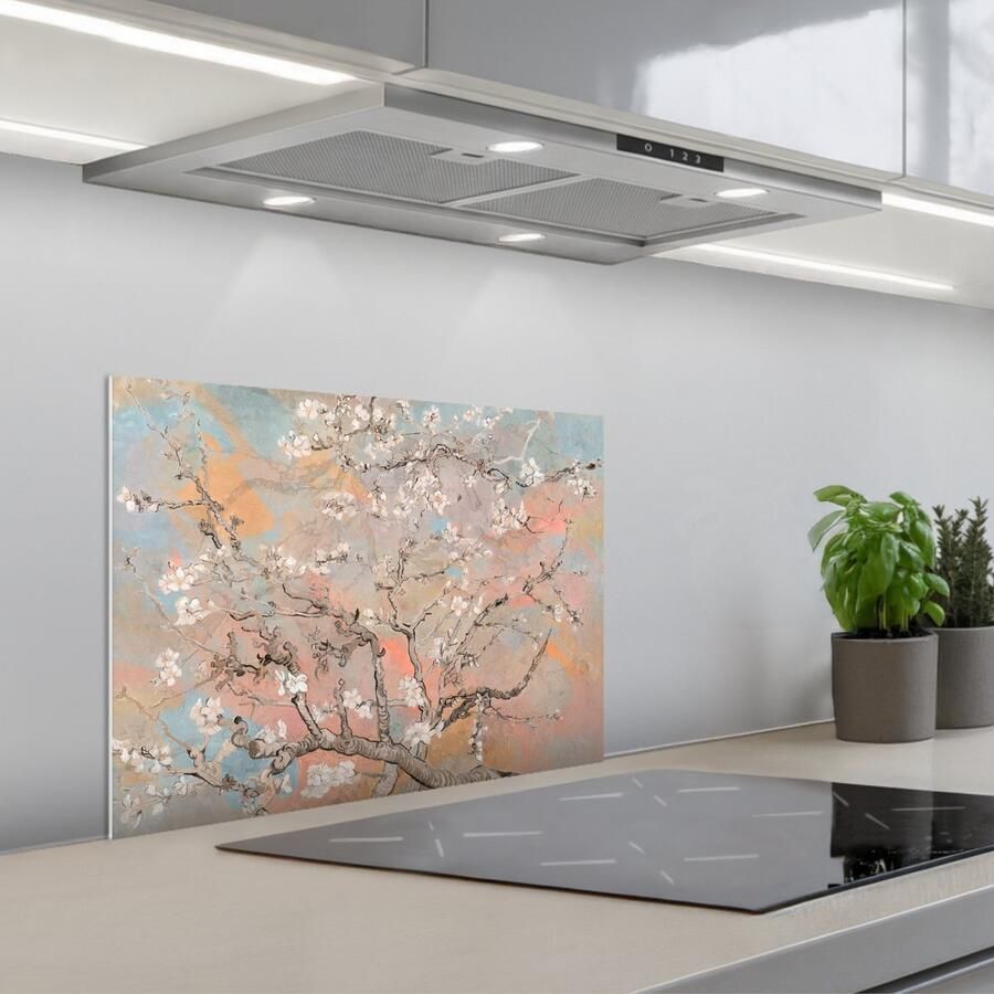 KitchenYeah Spatscherm 60x45 cm Zelfklevende achterwand Amandelbloesem Kunst Van Gogh Pastel Keuken muurbeschermer Spatwand fornuis