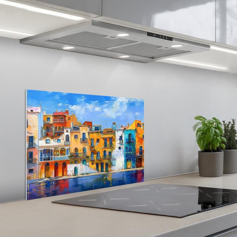 KitchenYeah Spatscherm 60x45 cm Zelfklevende achterwand Architectuur Kleurrijk Kunst Modern Keuken muurbeschermer Spatwand fornuis