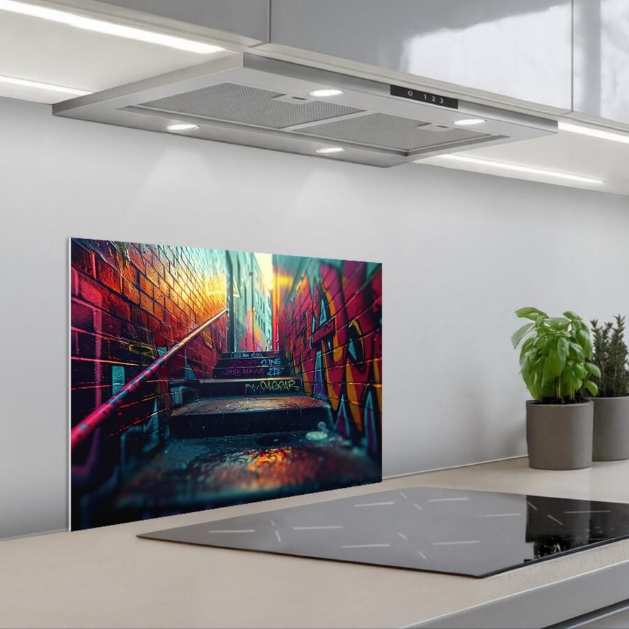 KitchenYeah Spatscherm 60x45 cm Zelfklevende achterwand Architectuur Neon Trap Graffiti Keuken muurbeschermer Spatwand fornuis