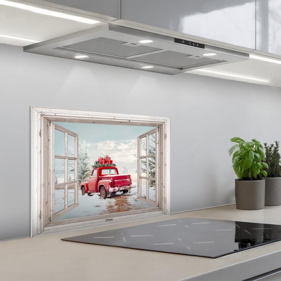 KitchenYeah Spatscherm 60x45 cm Zelfklevende achterwand Auto Rood Cadeaus Winter Kerst Doorkijk Wit Keuken muurbeschermer Spatwand fornuis