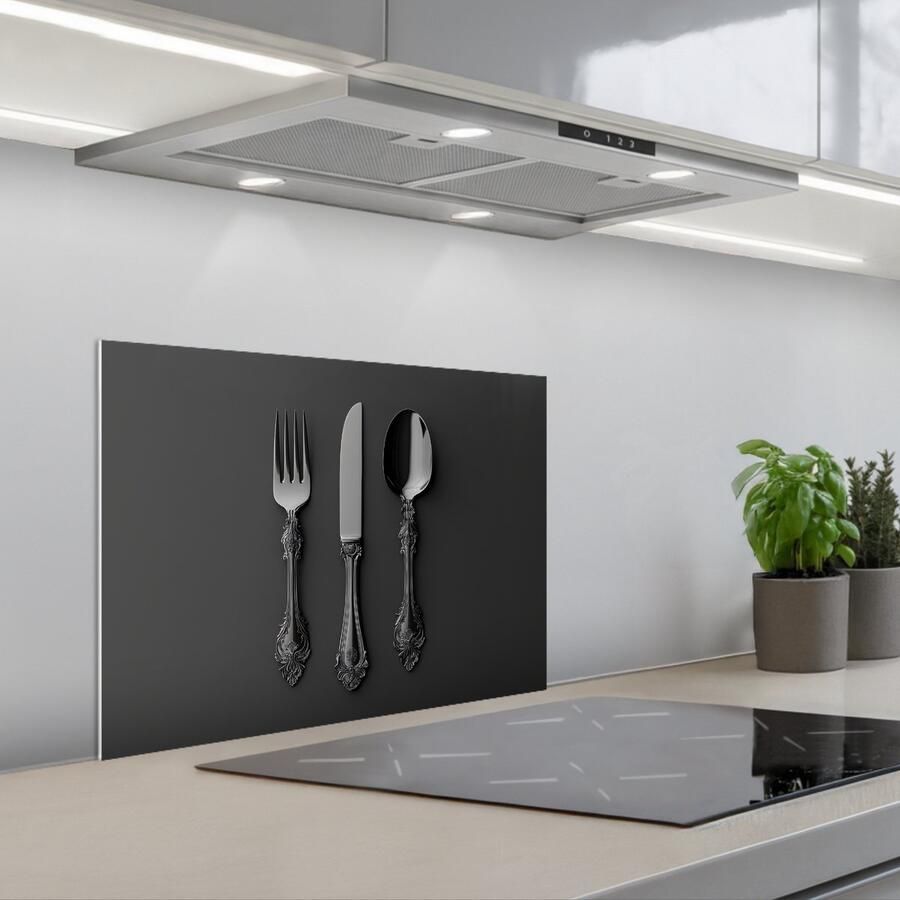 KitchenYeah Spatscherm 60x45 cm Zelfklevende achterwand Bestek Zwart Keuken muurbeschermer Spatwand fornuis - Foto 1
