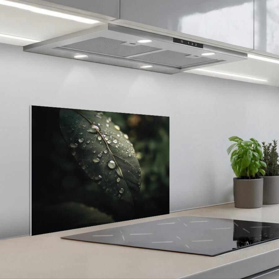 KitchenYeah Spatscherm 60x45 cm Zelfklevende achterwand Blad Groen Nerven Regendruppels Keuken muurbeschermer Spatwand fornuis