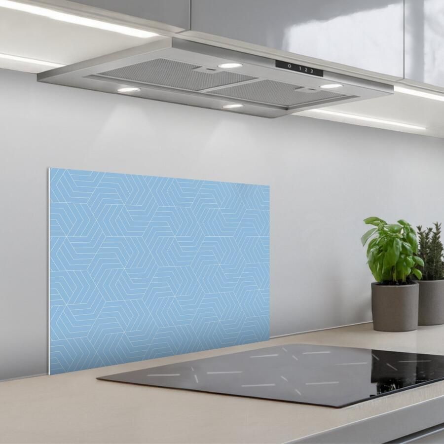 KitchenYeah Spatscherm 60x45 cm Zelfklevende achterwand Blauw Wit Lijnen Patroon Keuken muurbeschermer Spatwand fornuis