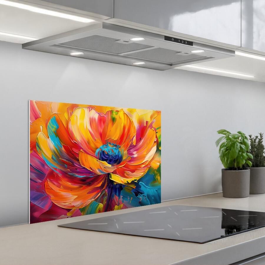 KitchenYeah Spatscherm 60x45 cm Zelfklevende achterwand Bloem Verflook Modern Abstract Kleuren Keuken muurbeschermer Spatwand fornuis