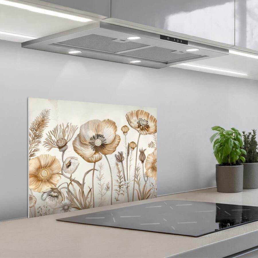 KitchenYeah Spatscherm 60x45 cm Zelfklevende achterwand Bloemen Beige Natuur Illustratie Keuken muurbeschermer Spatwand fornuis
