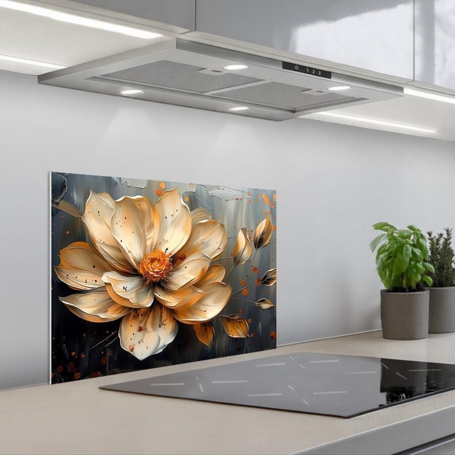 KitchenYeah Spatscherm 60x45 cm Zelfklevende achterwand Bloemen Goud Kunst Zwart Modern Keuken muurbeschermer Spatwand fornuis