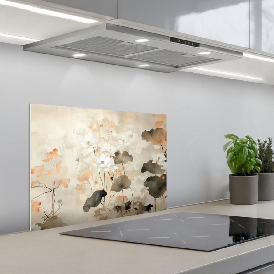 KitchenYeah Spatscherm 60x45 cm Zelfklevende achterwand Bloemen Japandi Wabi sabi Keuken muurbeschermer Spatwand fornuis