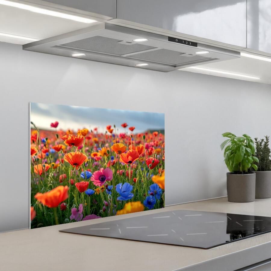 KitchenYeah Spatscherm 60x45 cm Zelfklevende achterwand Bloemen Klaprozen Kleurrijk Natuur Keuken muurbeschermer Spatwand fornuis