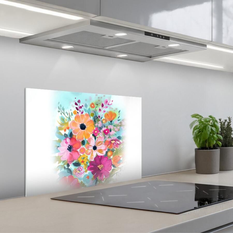 KitchenYeah Spatscherm 60x45 cm Zelfklevende achterwand Bloemen Kleuren Boeket Natuur Keuken muurbeschermer Spatwand fornuis