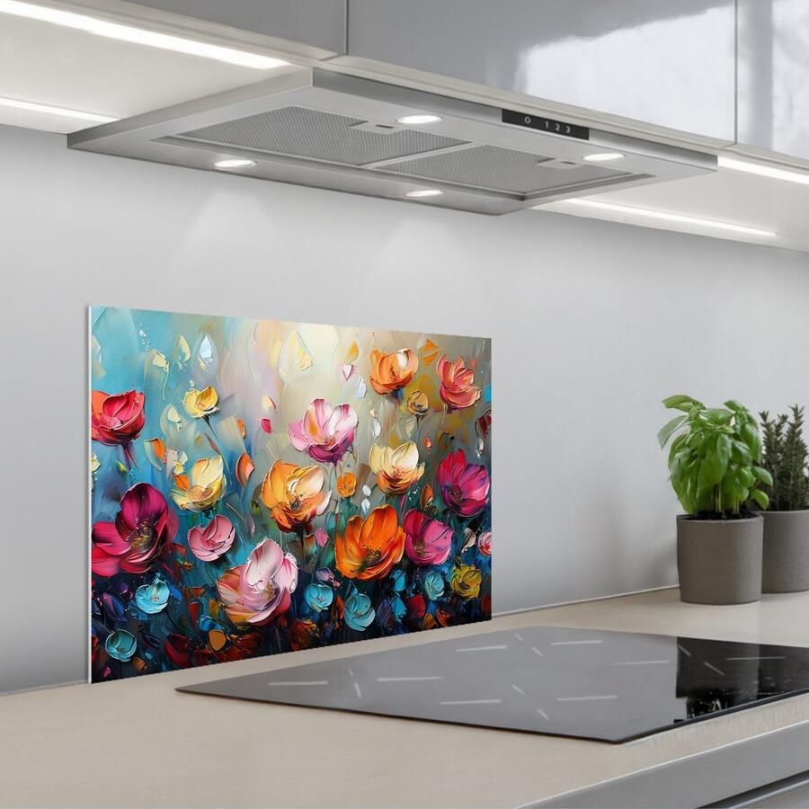 KitchenYeah Spatscherm 60x45 cm Zelfklevende achterwand Bloemen Kleurrijk Abstract Verf Natuur Keuken muurbeschermer Spatwand fornuis