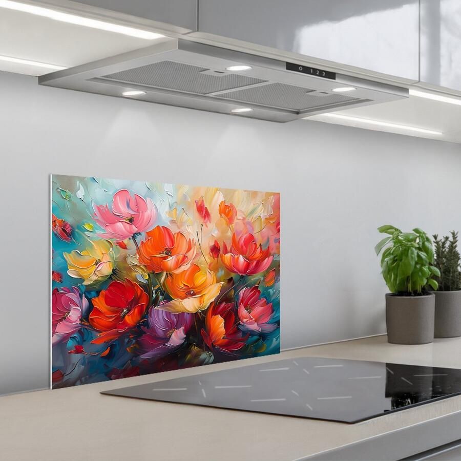 KitchenYeah Spatscherm 60x45 cm Zelfklevende achterwand Bloemen Kleurrijk Verf Abstract Kunst Keuken muurbeschermer Spatwand fornuis