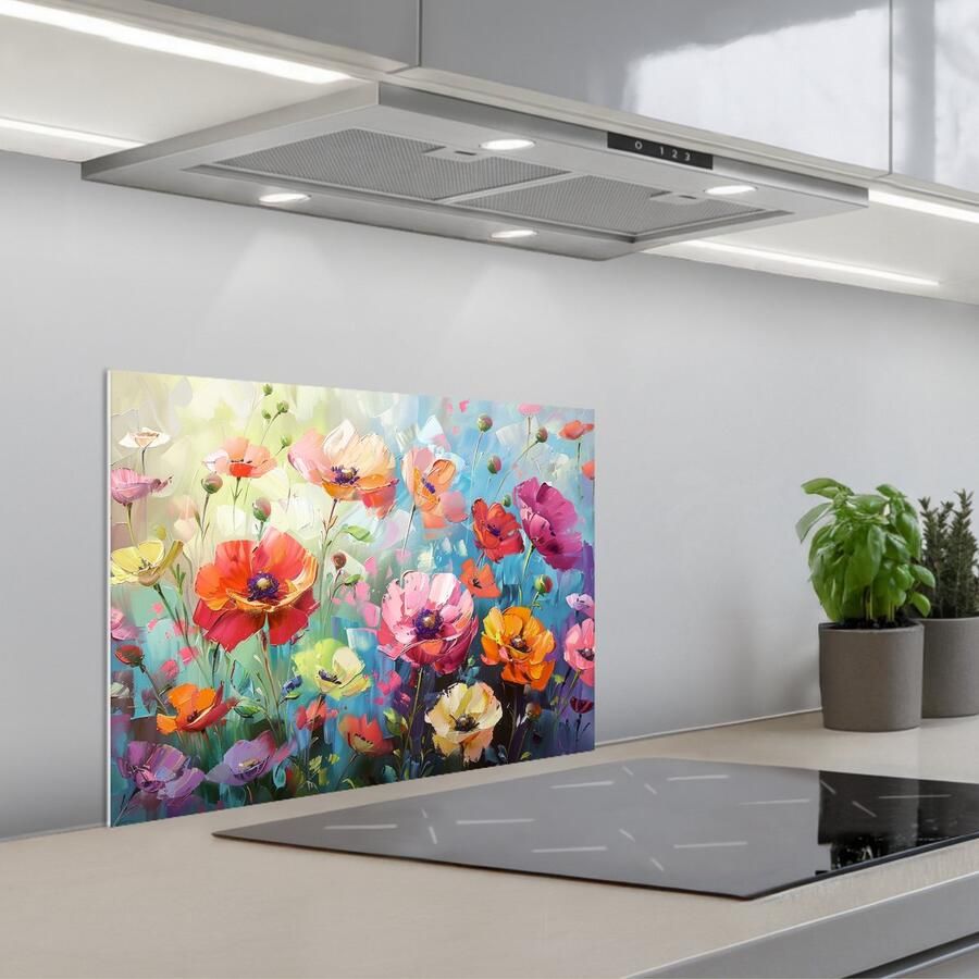KitchenYeah Spatscherm 60x45 cm Zelfklevende achterwand Bloemen Kleurrijk Waterverf Natuur Zomer Keuken muurbeschermer Spatwand fornuis