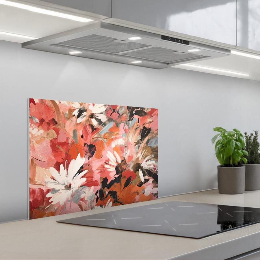 KitchenYeah Spatscherm 60x45 cm Zelfklevende achterwand Bloemen Kunst Abstract Verf Keuken muurbeschermer Spatwand fornuis