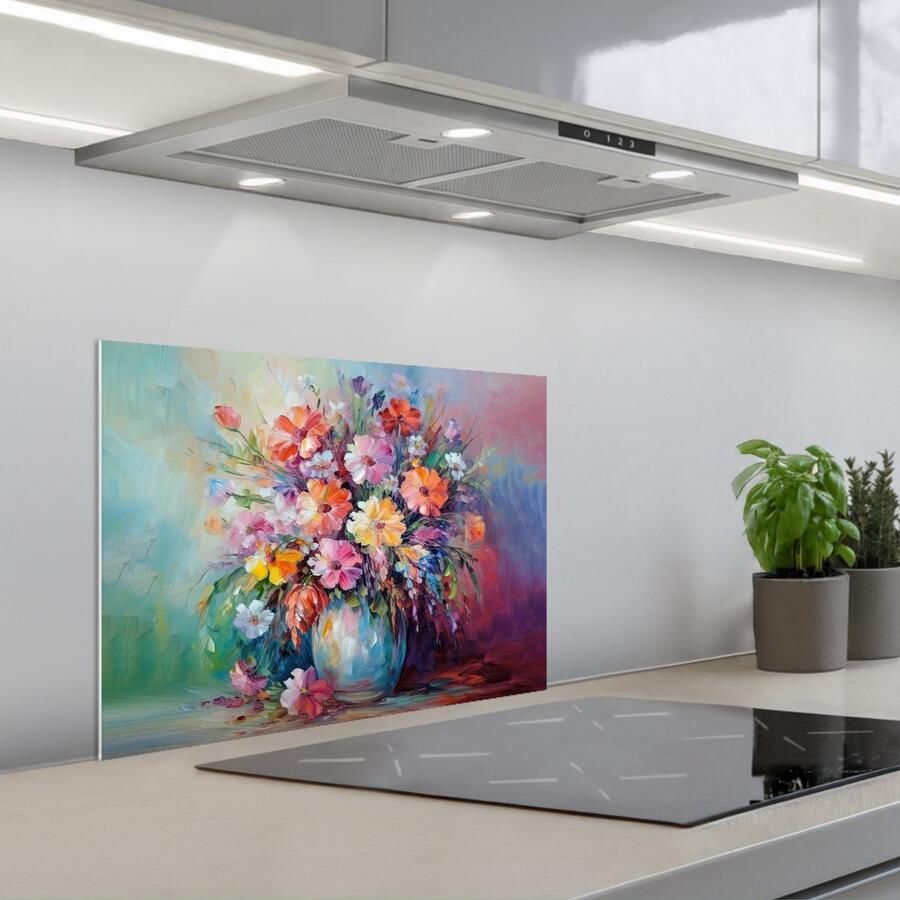 KitchenYeah Spatscherm 60x45 cm Zelfklevende achterwand Bloemen Kunst Schilderij Lente Boeket Keuken muurbeschermer Spatwand fornuis