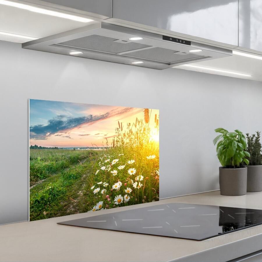 KitchenYeah Spatscherm 60x45 cm Zelfklevende achterwand Bloemen Madelief Natuur Zon Horizon Keuken muurbeschermer Spatwand fornuis