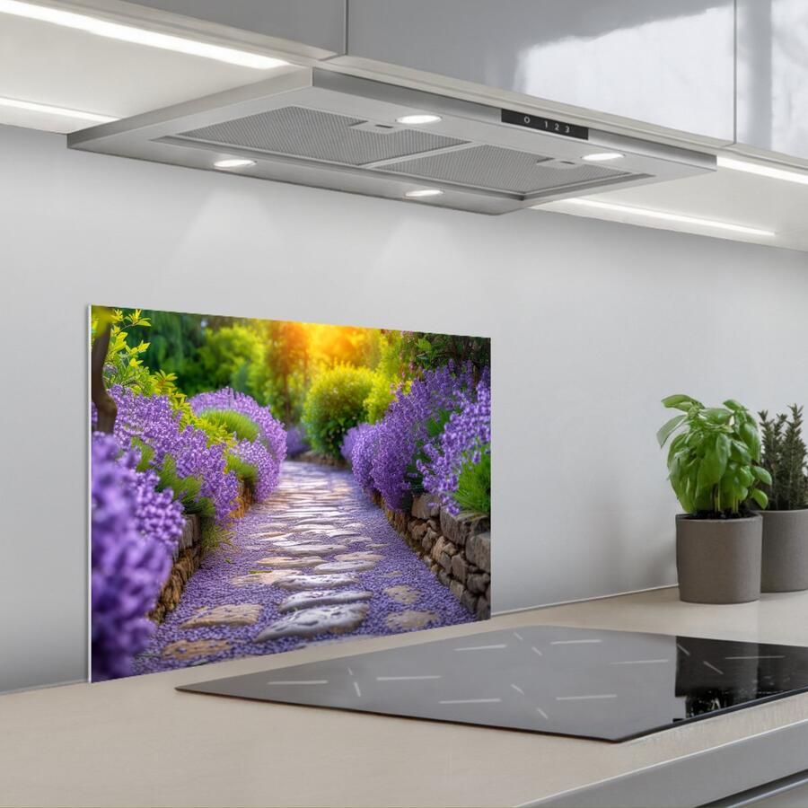 KitchenYeah Spatscherm 60x45 cm Zelfklevende achterwand Bloemen Pad lavendel Tuin Keuken muurbeschermer Spatwand fornuis