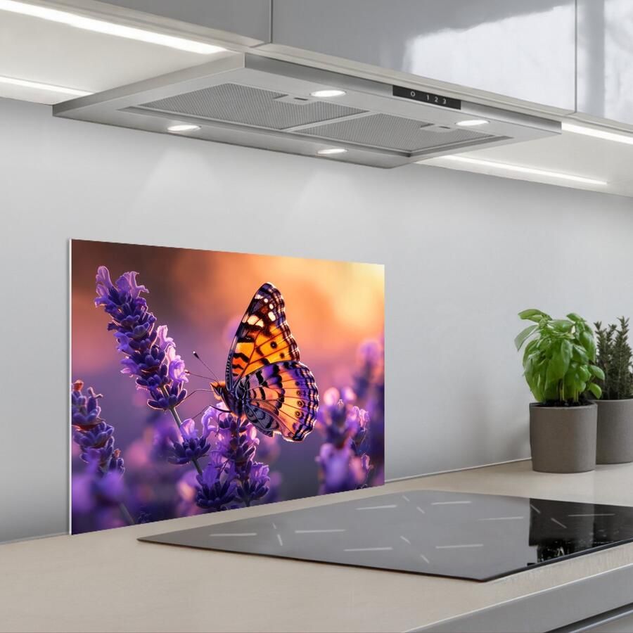 KitchenYeah Spatscherm 60x45 cm Zelfklevende achterwand Bloemen Vlinder Lavendel Bloem Natuur Keuken muurbeschermer Spatwand fornuis