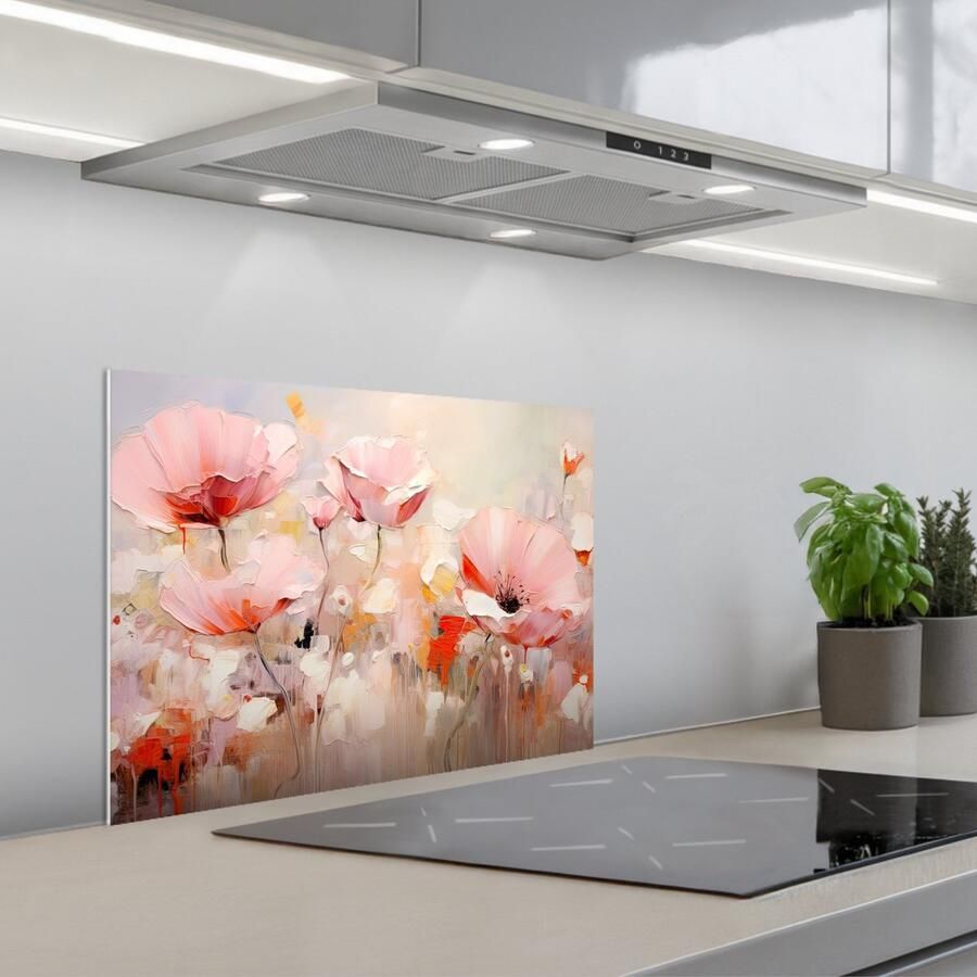 KitchenYeah Spatscherm 60x45 cm Zelfklevende achterwand Bloemen Watercolor Roze Abstract Kunst Keuken muurbeschermer Spatwand fornuis