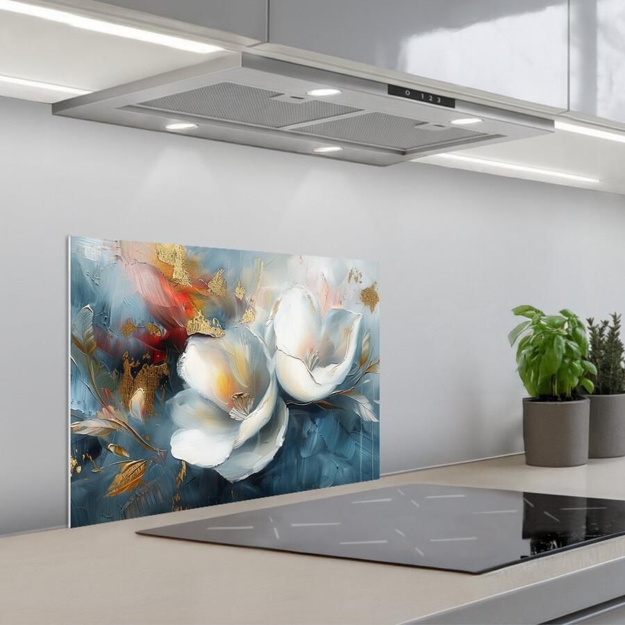 KitchenYeah Spatscherm 60x45 cm Zelfklevende achterwand Bloemen Wit Goud Kunst Abstract Keuken muurbeschermer Spatwand fornuis