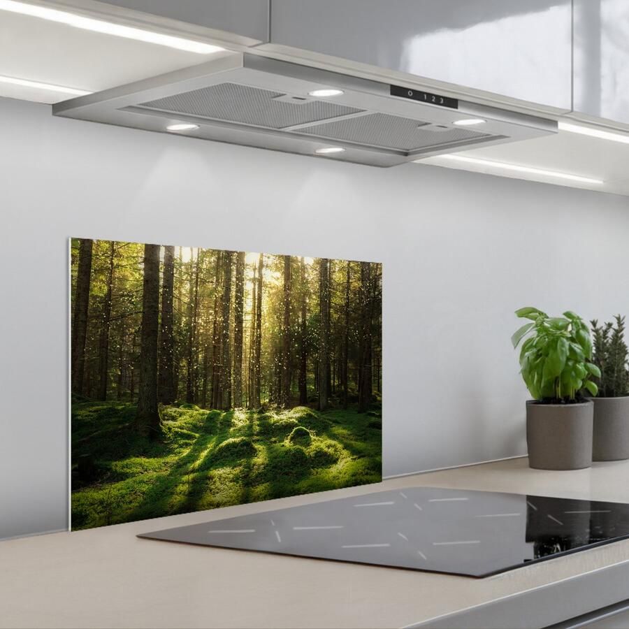 KitchenYeah Spatscherm 60x45 cm Zelfklevende achterwand Bomen Bos Mos Planten Zon Natuur Keuken muurbeschermer Spatwand fornuis