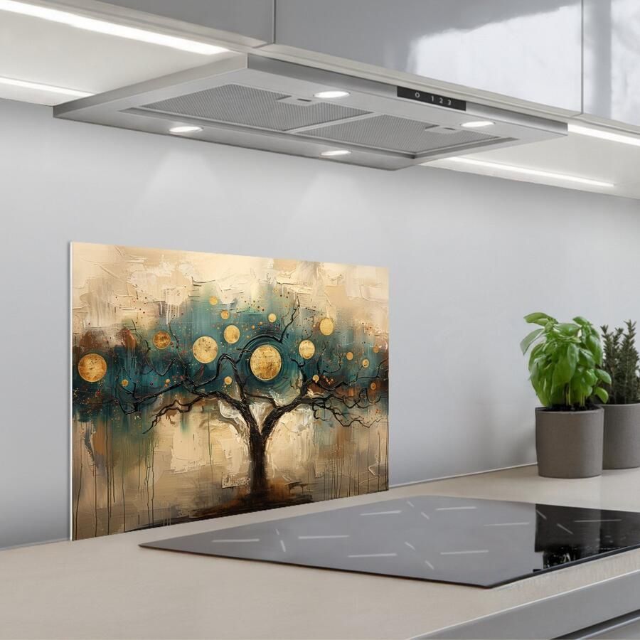 KitchenYeah Spatscherm 60x45 cm Zelfklevende achterwand Boom Abstract Bruin Goud Industrieel Keuken muurbeschermer Spatwand fornuis