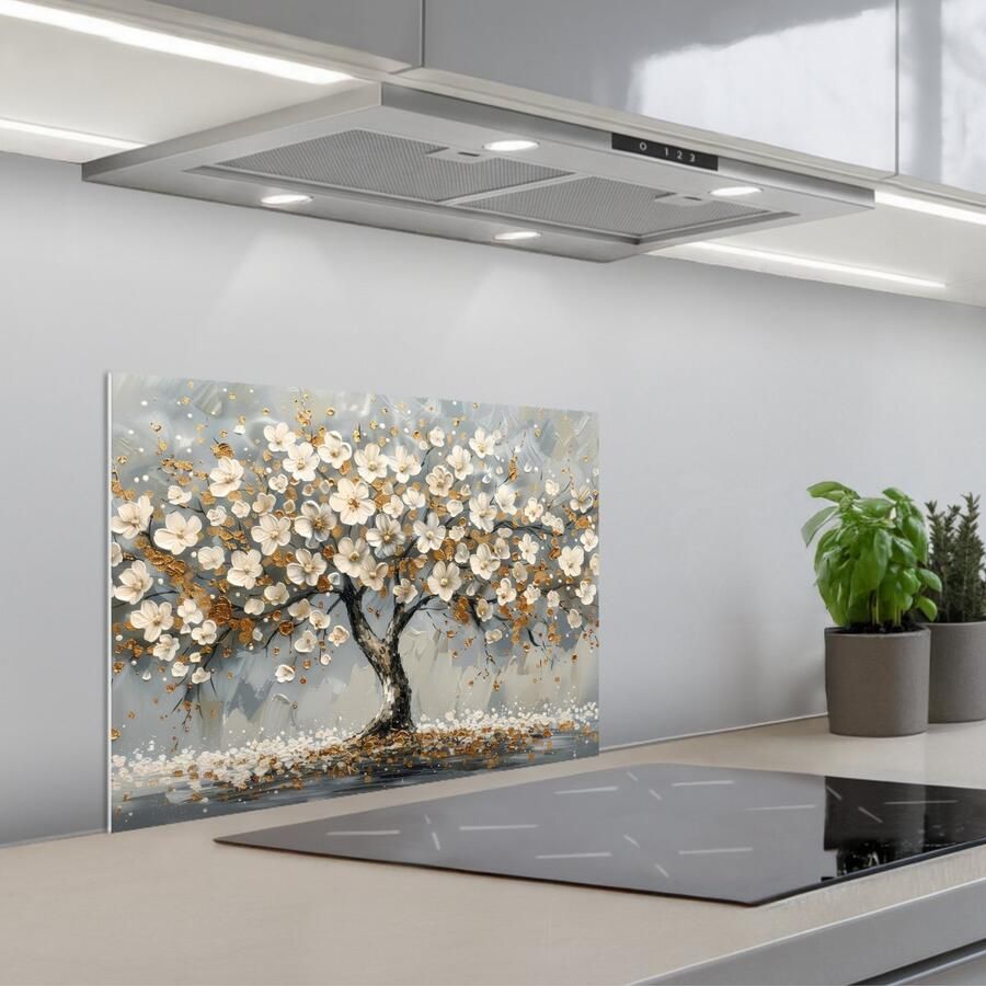 KitchenYeah Spatscherm 60x45 cm Zelfklevende achterwand Boom Goud Bloemen Abstract Kunst Keuken muurbeschermer Spatwand fornuis